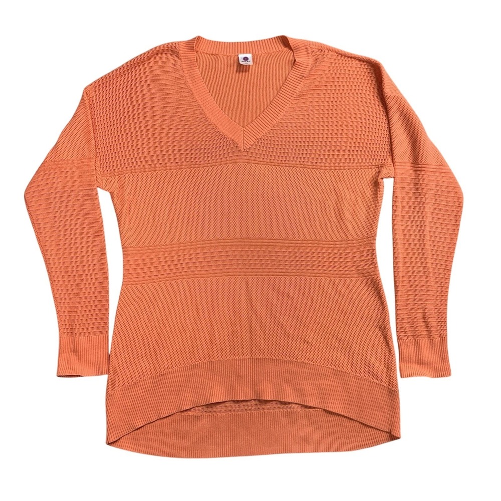 Soybu Women's Large Orange V-Neck Knit Sweater Hi Low Hem Long Sleeve